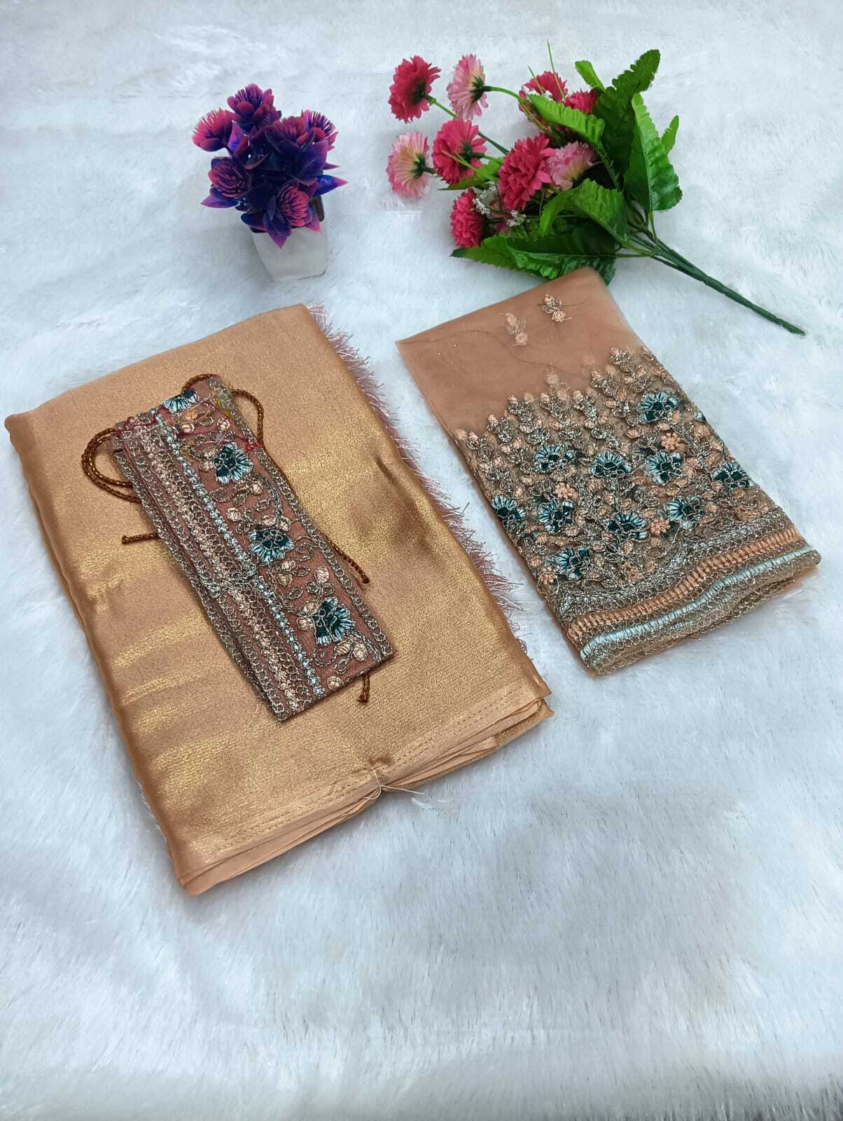 Sarees With Designer Blouse And Belt - Satin Sarees - Jimmy Choo Sarees