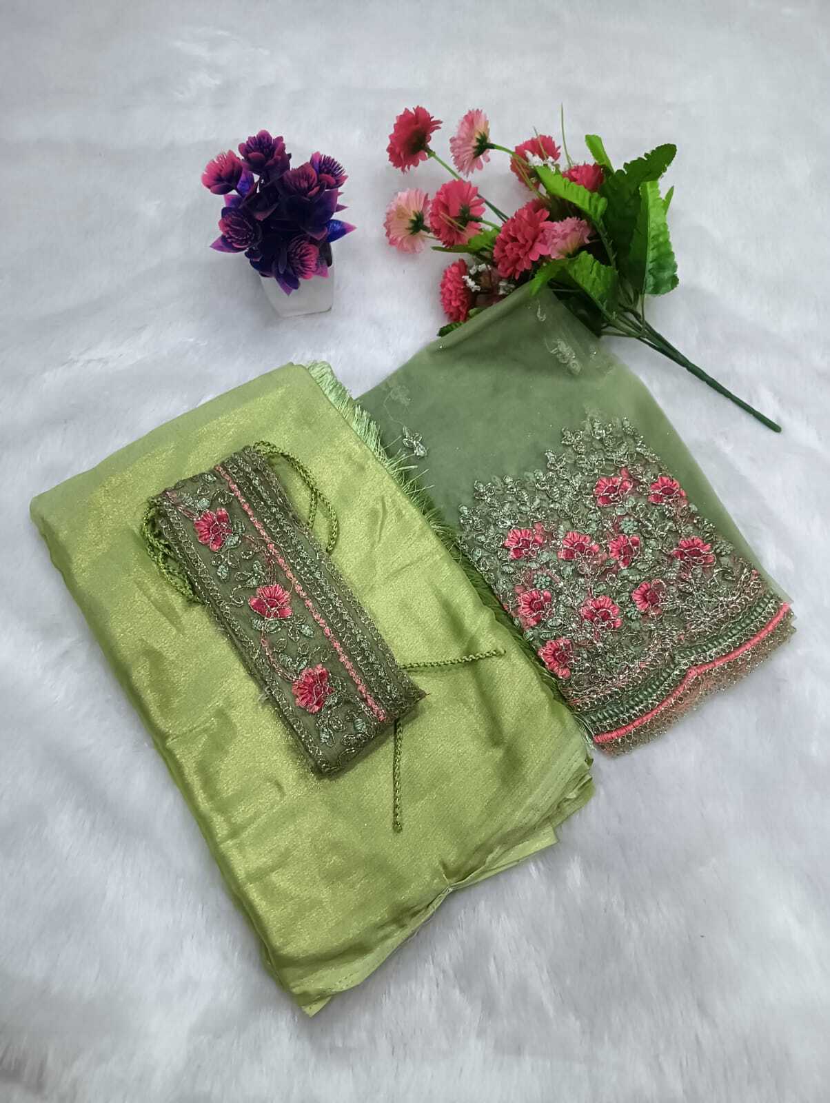 Sarees With Designer Blouse And Belt - Satin Sarees - Jimmy Choo Sarees