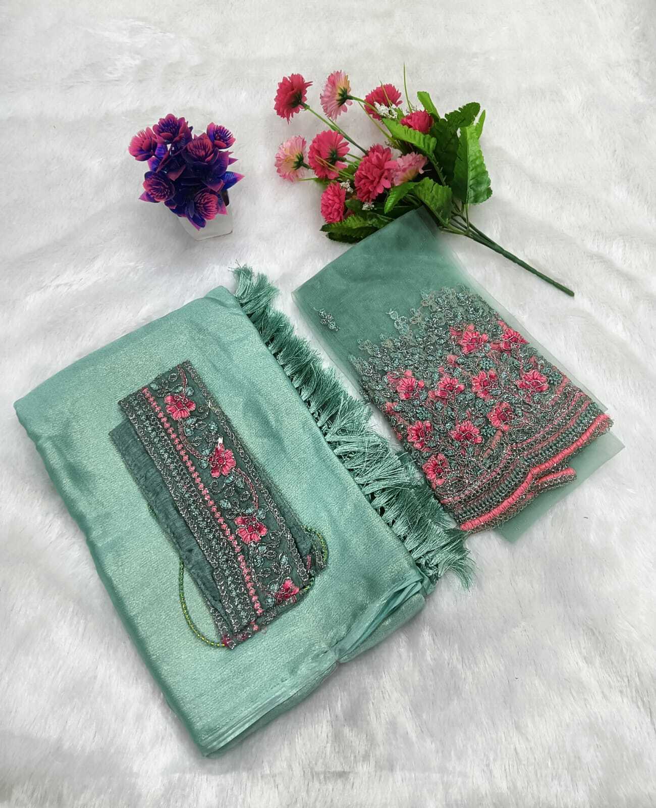 Sarees With Designer Blouse And Belt - Satin Sarees - Jimmy Choo Sarees