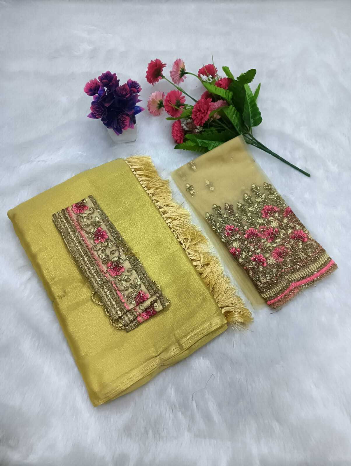 Sarees With Designer Blouse And Belt - Satin Sarees - Jimmy Choo Sarees