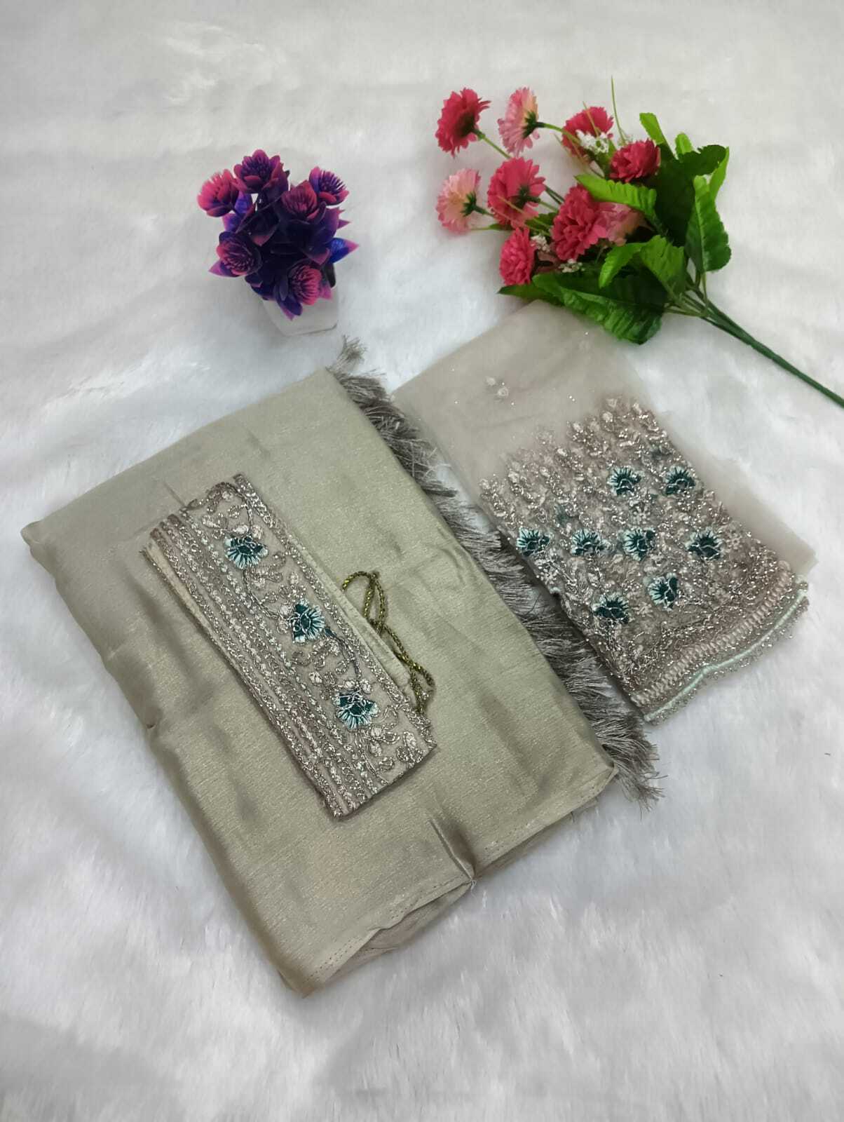 Sarees With Designer Blouse And Belt - Satin Sarees - Jimmy Choo Sarees