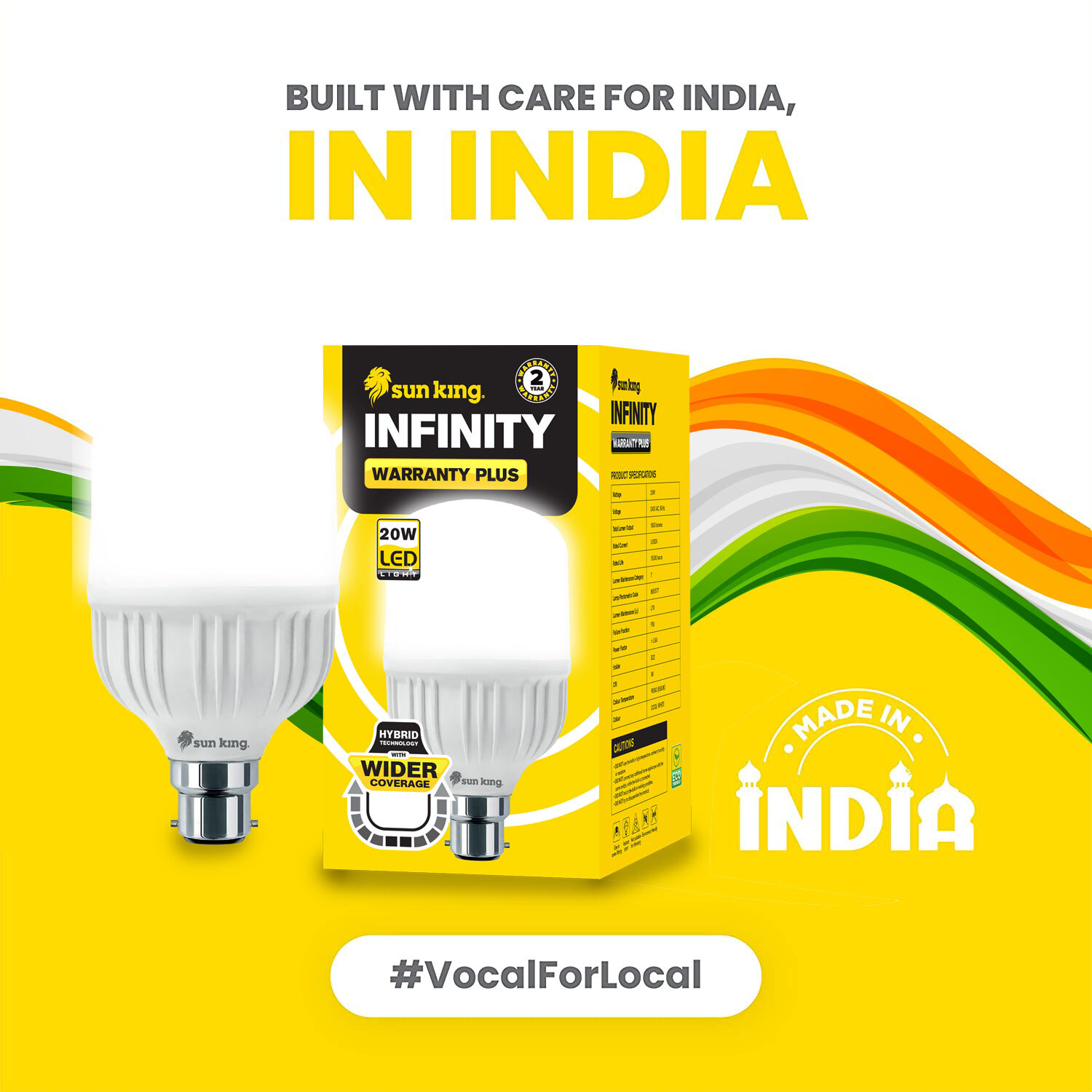 Sun King Infinity 20w Led Bulb - Ceramic, Oval Shape | Unique Hybrid Technology, Wide Light Spread, High Beam Light, 2-year Warranty