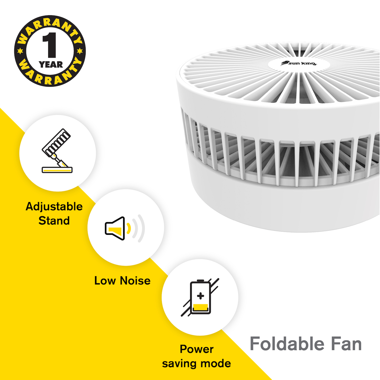 Sun King Foldable Fan - Plastic Material, 3 Polymer Blades, White Color | 4 Fan Modes, Rechargeable Battery, 24-hour Runtime, Lightweight Design, Usb Charging Port, 1-year Warranty