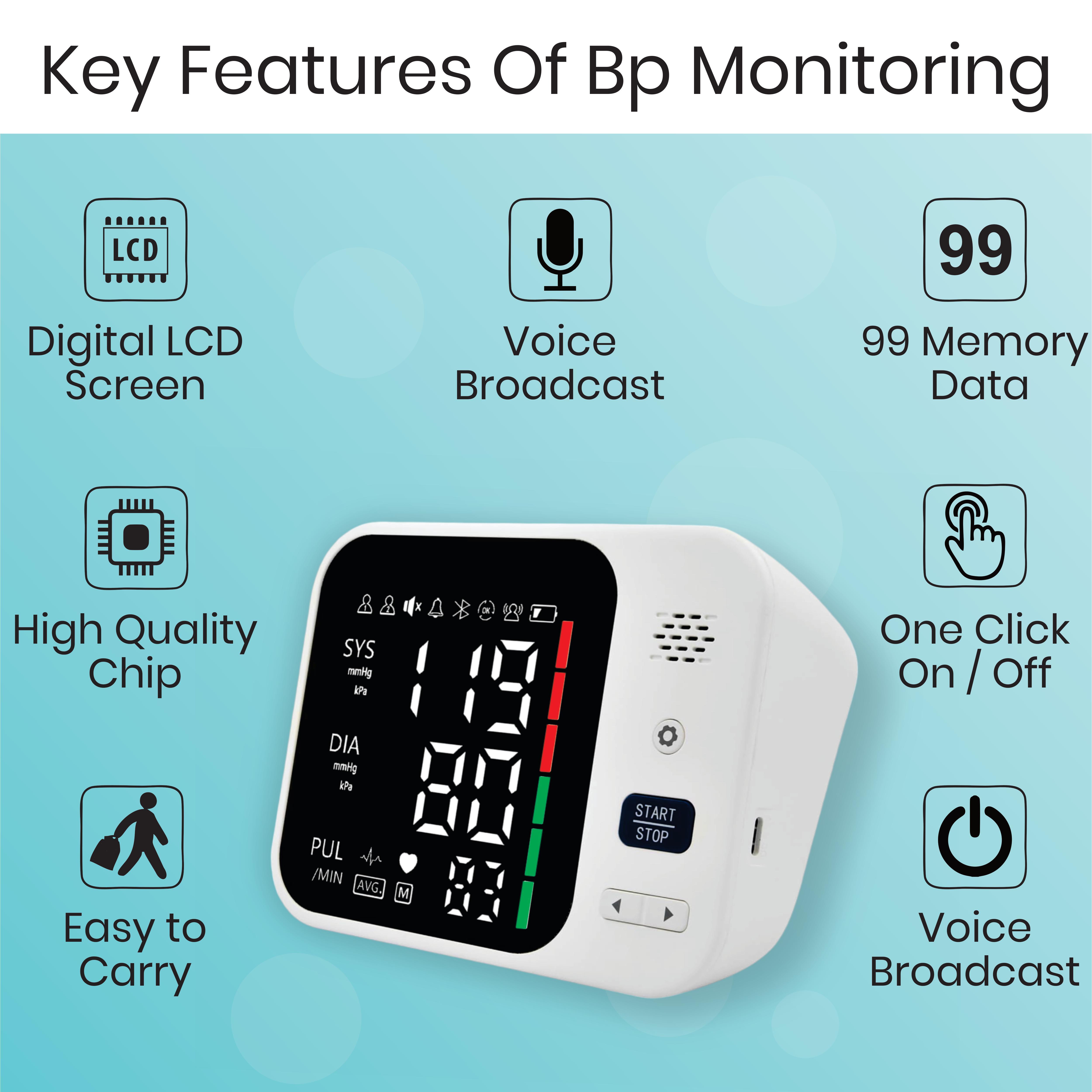 Digital Display Blood Pressure Monitor - Durable Plastic 4.96x3.94x2.09 Inches | Accurate Readings Easy-to-read Red Backlit Display User-friendly For All Ages Ideal For Home And Clinical Use