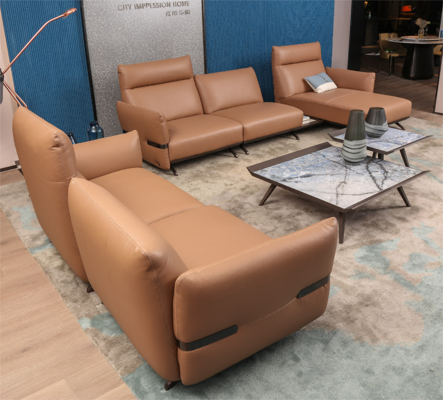 L Shape Sofa Genuine Leather Solid Wood Base