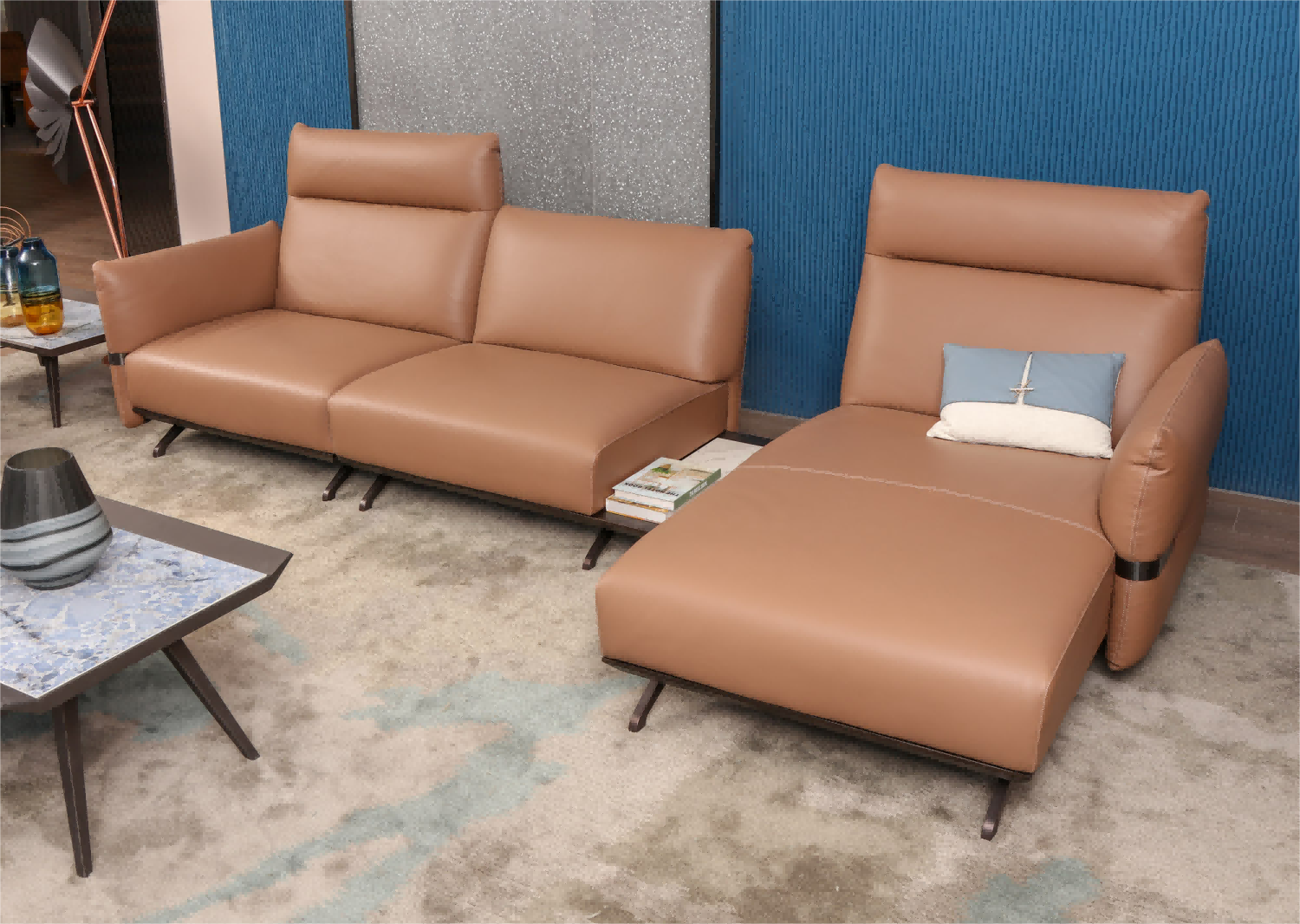 L Shape Sofa Genuine Leather Solid Wood Base