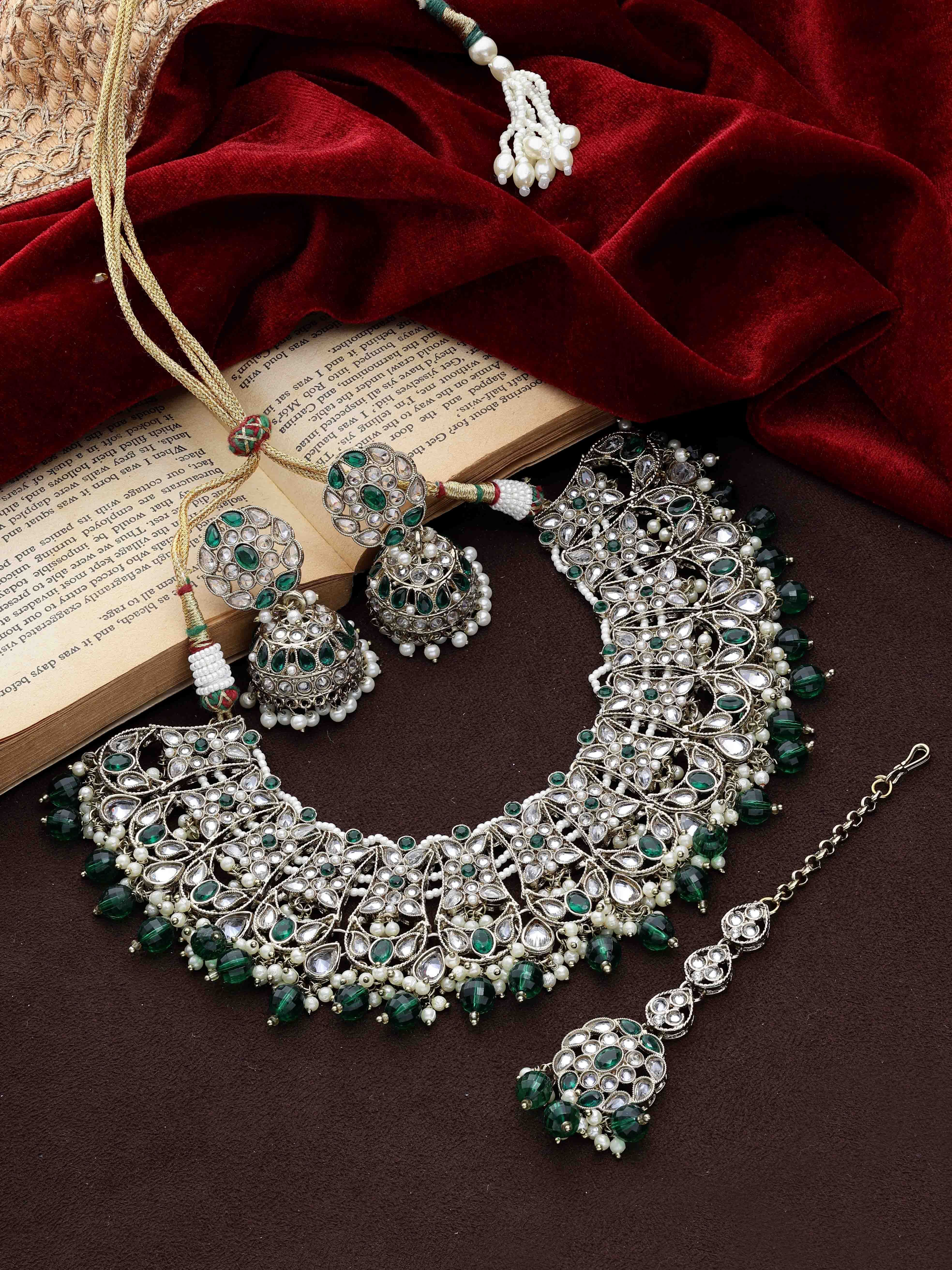 Floral Necklace| Floral Jewelry Set| Bridal Reverse Ad Necklace| Kundan Floral Necklace |Pearl Choker |Designer Necklace - Color: Green