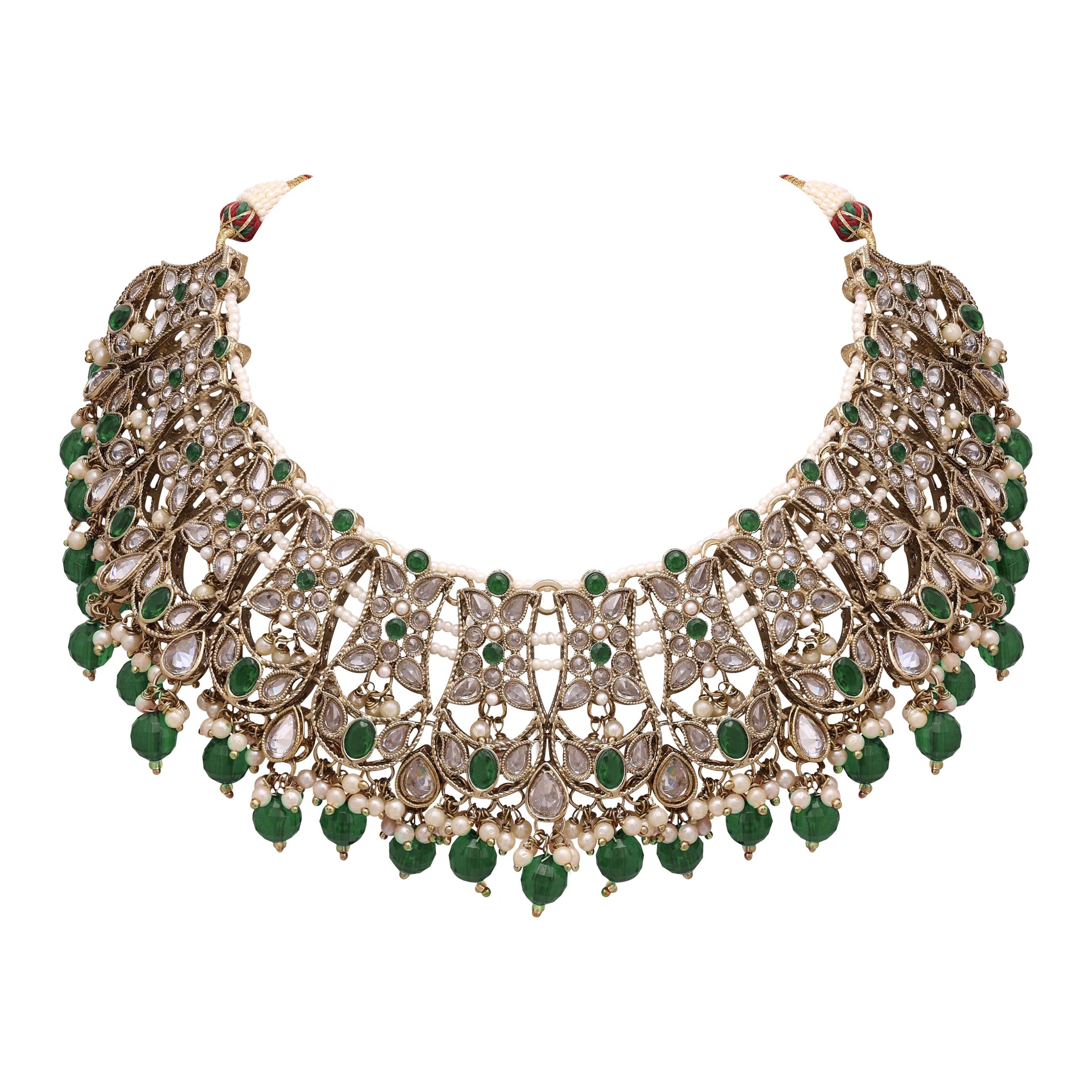 Floral Necklace| Floral Jewelry Set| Bridal Reverse Ad Necklace| Kundan Floral Necklace |Pearl Choker |Designer Necklace - Color: Green