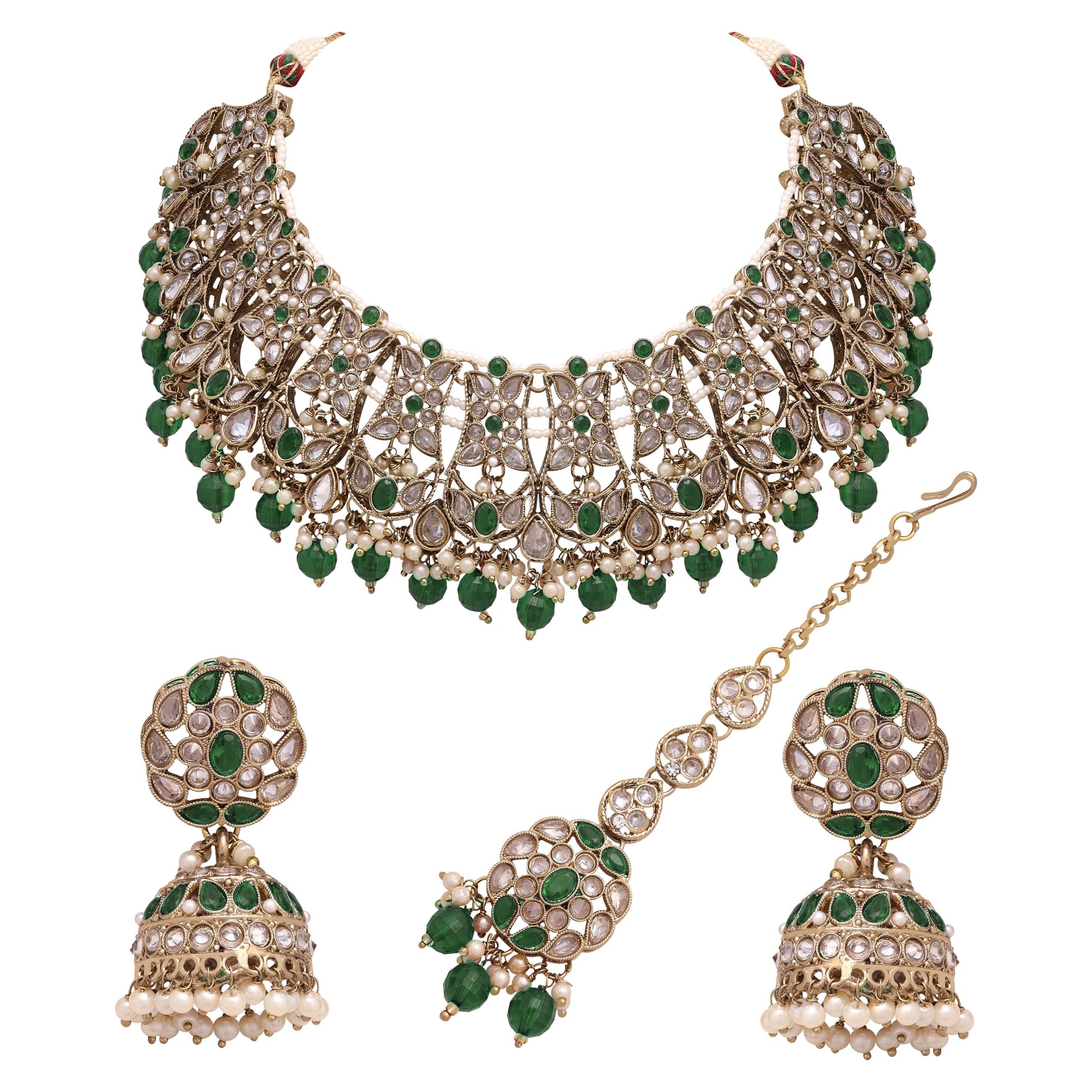 Floral Necklace| Floral Jewelry Set| Bridal Reverse Ad Necklace| Kundan Floral Necklace |Pearl Choker |Designer Necklace - Color: Green