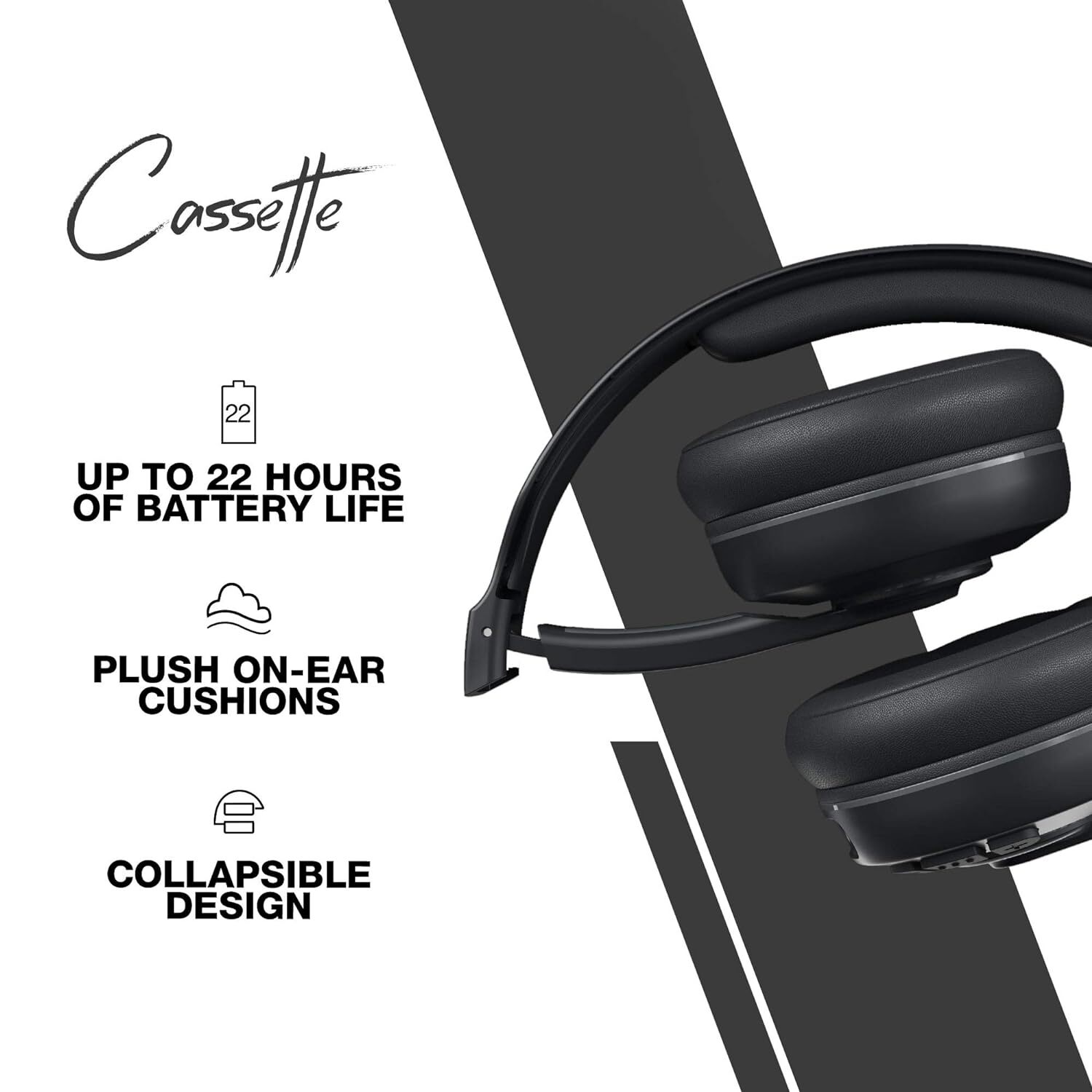 Skullcandy Cassette On-ear Wireless Headphones - Ultra Light Metal, Black | 22 Hours Battery, Foldable Design, Comfortable Fit, Crystal Clear Audio