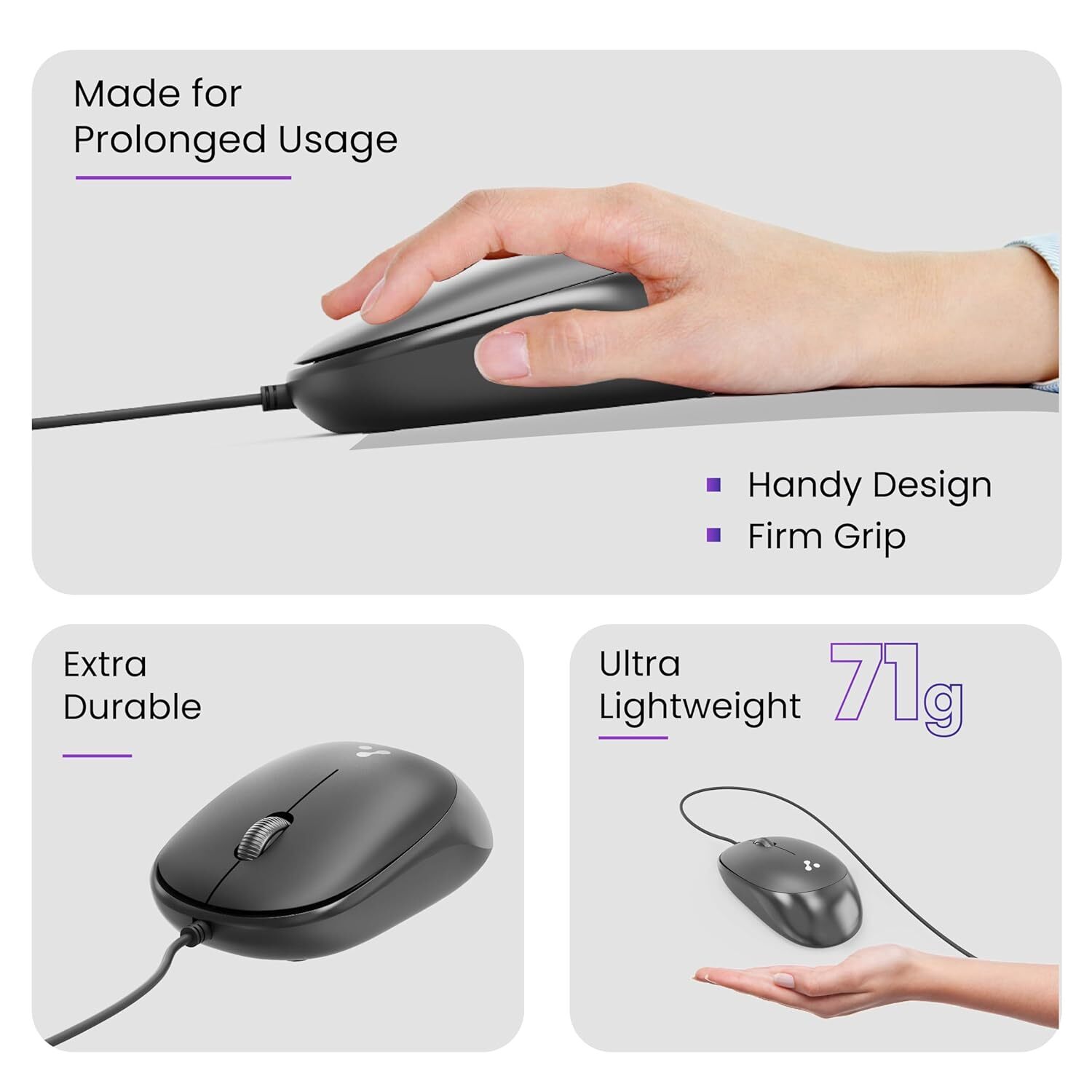 Ambrane Wired Usb Mouse, Plug & Play, Clickable Scroll Wheel, Ergonomic Mouse (Sliq 2 Wired)