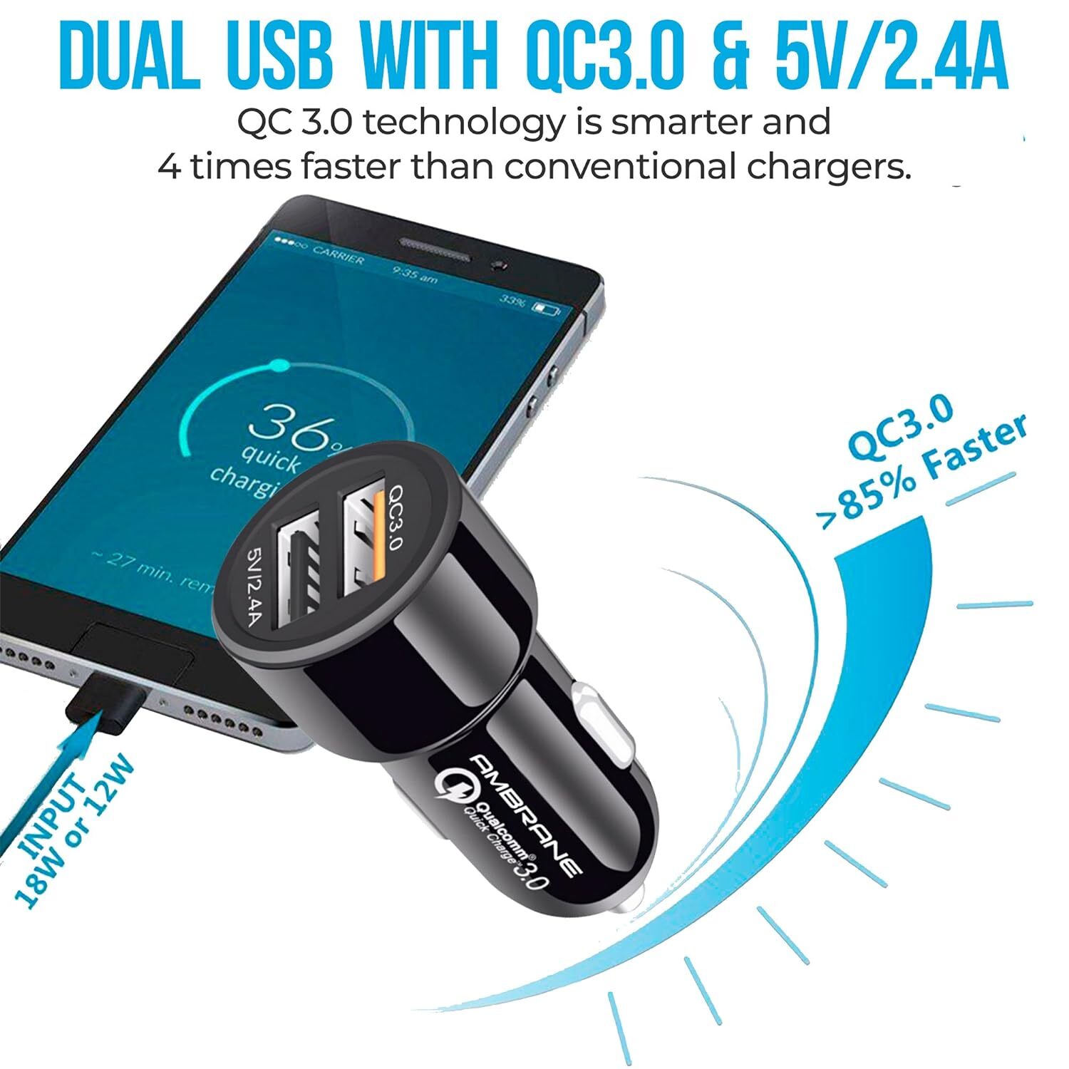 Ambrane 30w Fast Car Charger With Dual Output, Qualcomm Quick Charge 3.0 (Acc11qc, Black)