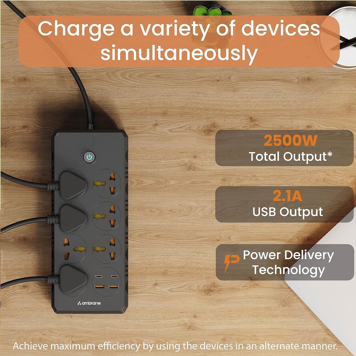 Ambrane Extension Board, Smart Electric Surge Protector Multi Plug With 2500w (Smartstrip +, Black)