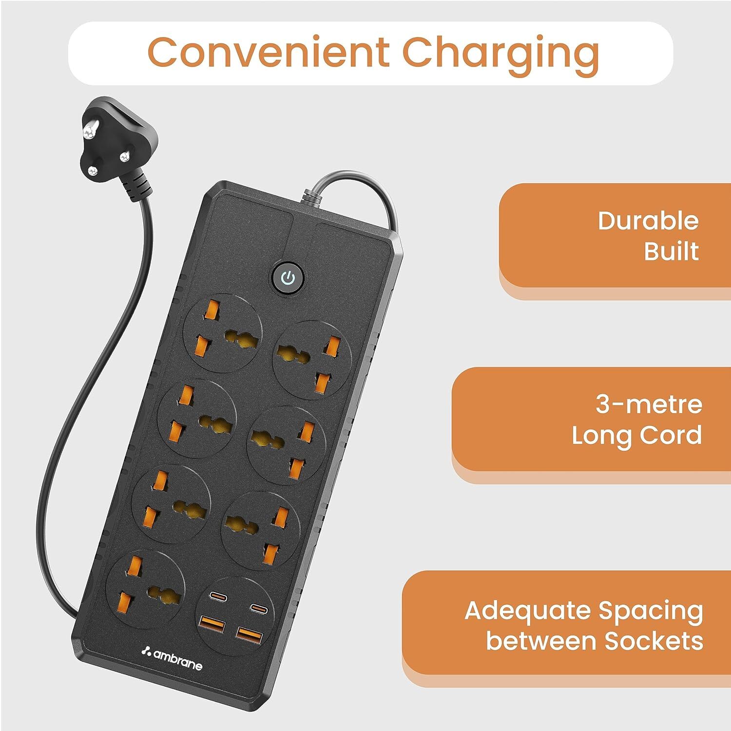 Ambrane Extension Board, Smart Electric Surge Protector Multi Plug With 2500w (Smartstrip +, Black)