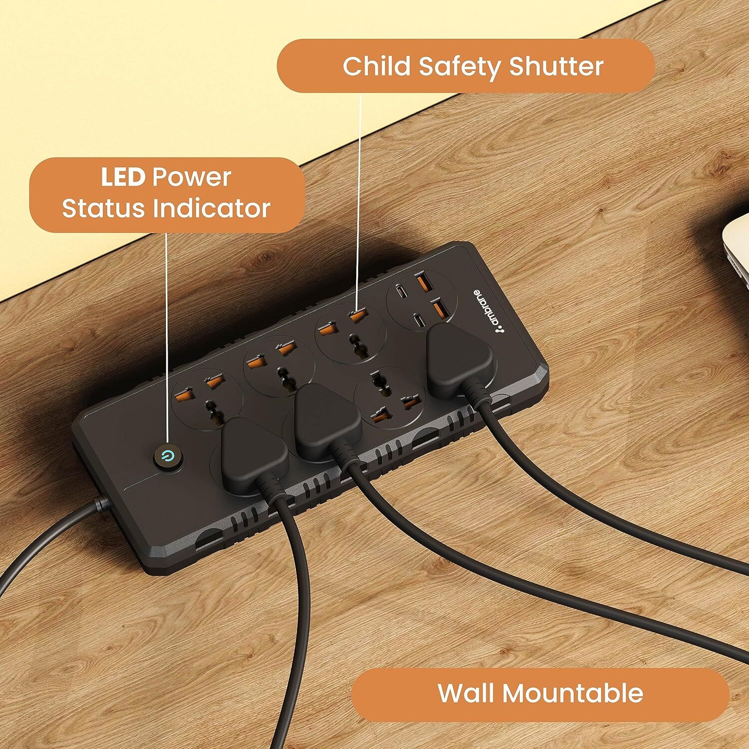 Ambrane Extension Board, Smart Electric Surge Protector Multi Plug With 2500w (Smartstrip +, Black)