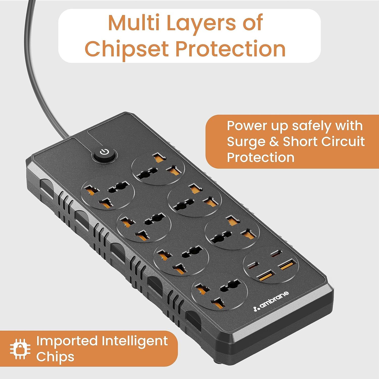 Ambrane Extension Board, Smart Electric Surge Protector Multi Plug With 2500w (Smartstrip +, Black)