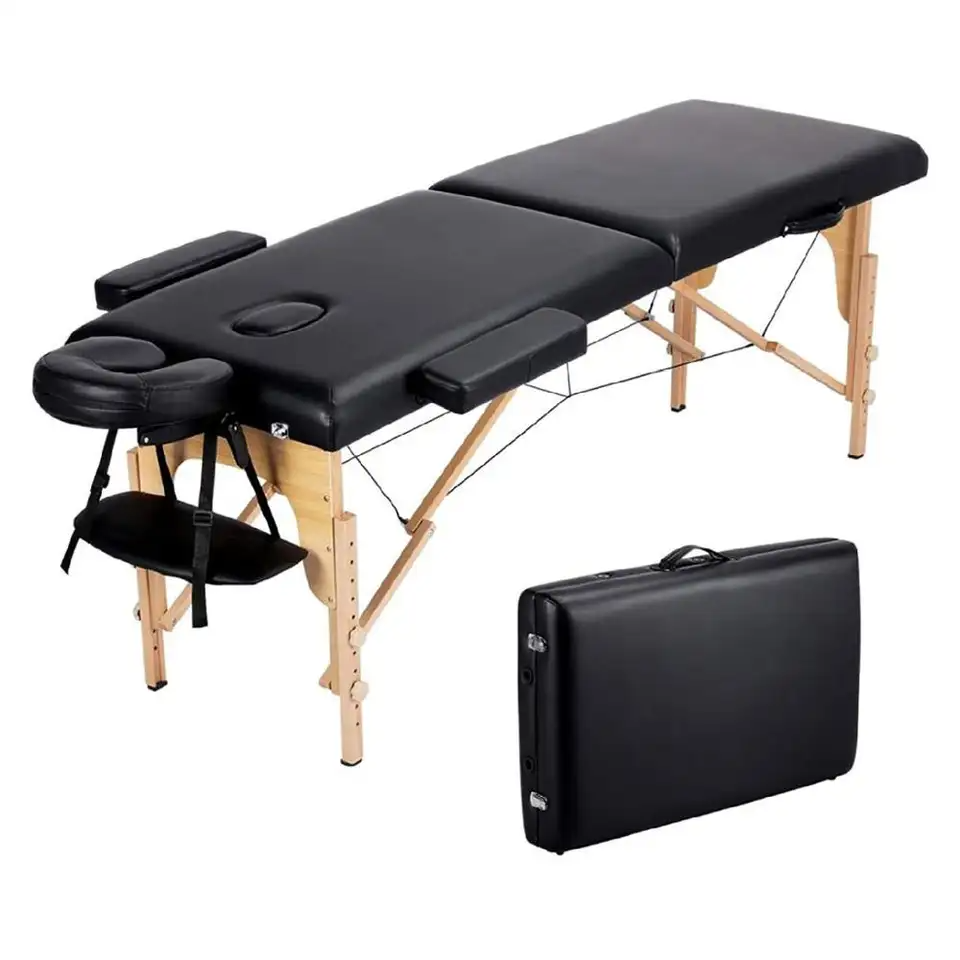 Biotronix Portable Massage Bed - Wooden Foldable Spa Table 84" L , Adjustable Height With Carry Case, Comfortable Pvc Leather And High-density Sponge Support Up To 485 Lbs