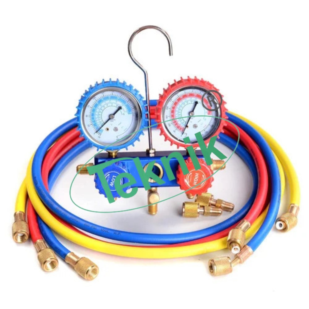 Manifold Gauge Assembly - Aluminum Alloy Body, 1 Meter Hose, Red For High Pressure, Blue For Low Pressure, Color Coded Dials, Rubber Gauge Covers, Brass Connection