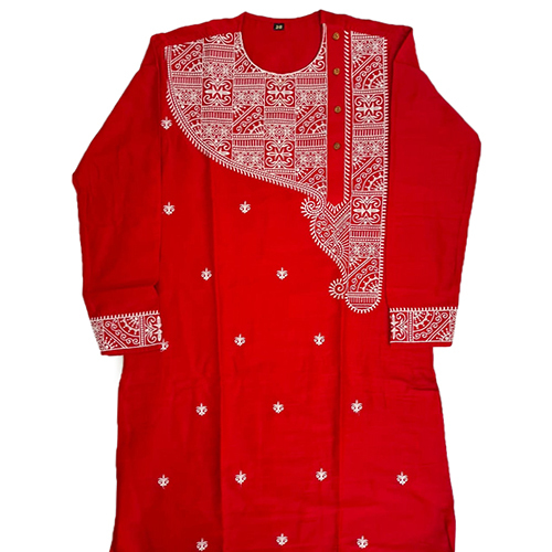 Mens Red Embroidered Kurta - Color: Multicolour