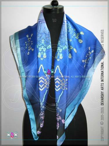 Blue Digital Print Satin Long Scarves