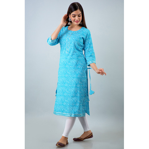 Turquoise Lehriya Cotton Kurti - Feature: Washable