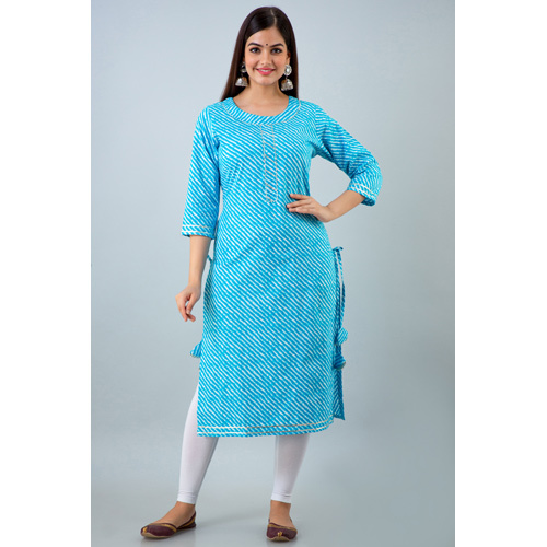 Turquoise Lehriya Cotton Kurti - Feature: Washable