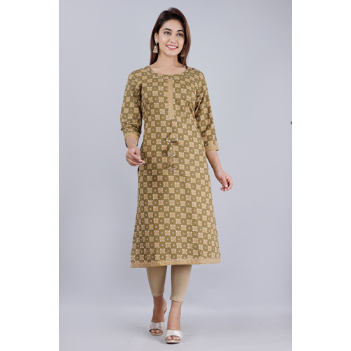 Cotton Block Print Kurti - High-quality Cotton, Plus Size , Beautiful Green Color, 3-4th Sleeve Style, Quick Dry, Washable, Modern Design