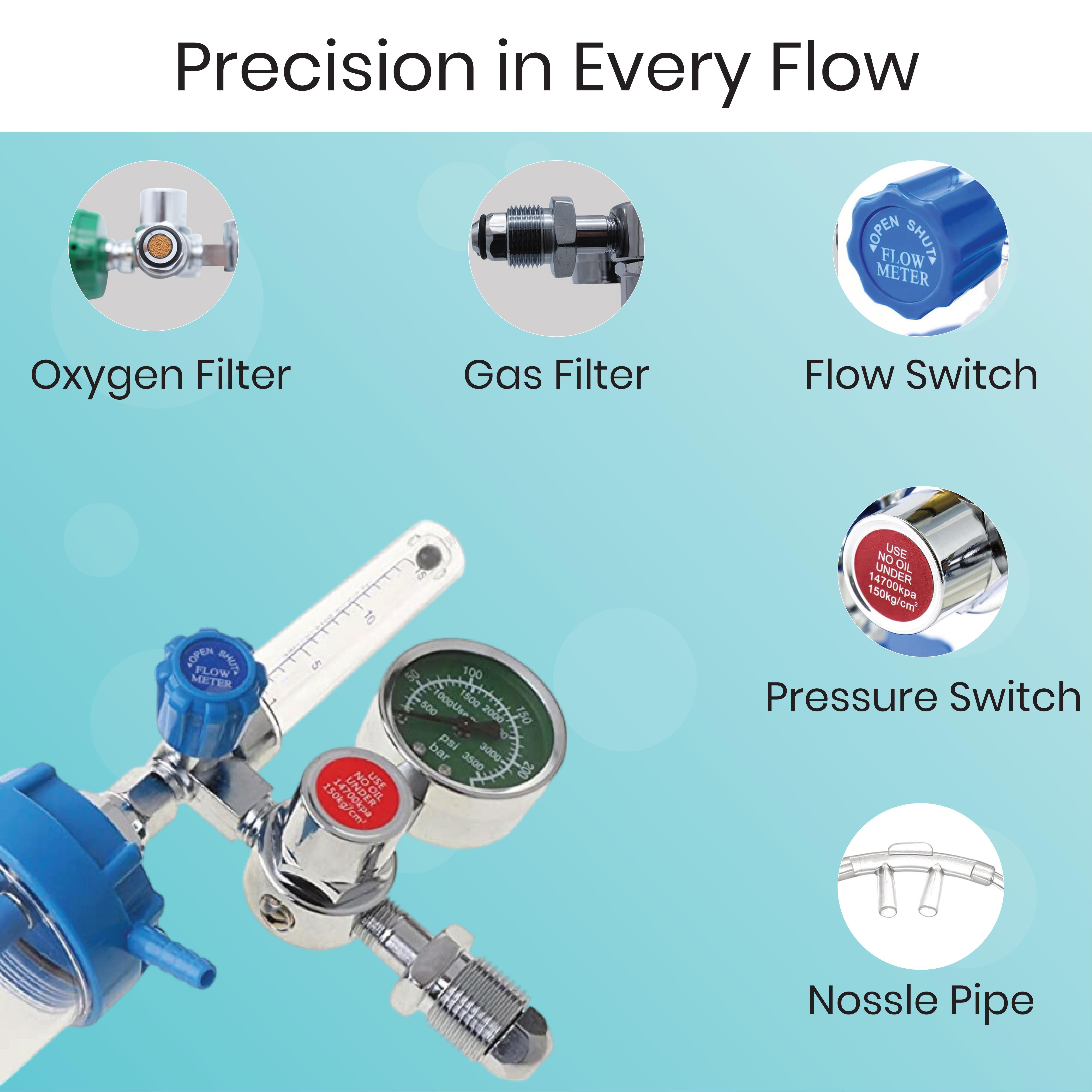 Oxygen Flow Meter - Aluminum Brass, 51.8x23.4x9.8 Cm , Portable Manual Operation, Ideal For Hospitals And Home Care