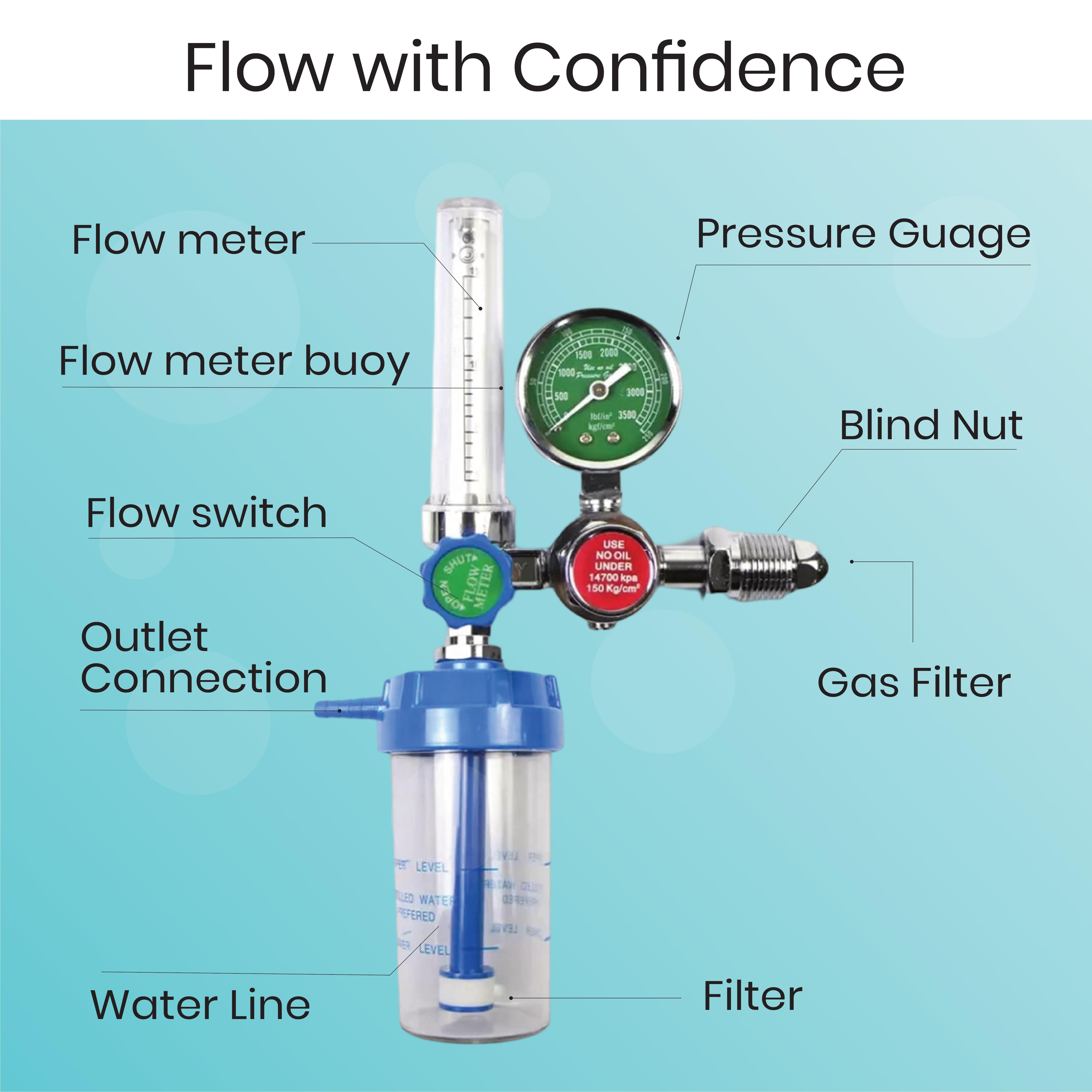 Oxygen Flow Meter - Aluminum Brass, 51.8x23.4x9.8 Cm , Portable Manual Operation, Ideal For Hospitals And Home Care