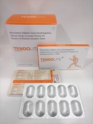 Tendolite Tablets - Ingredients: Glucosamine Sulphate 500mg + Cissus Quadrangularis 500mg + Calcium Citrate 200mg + Curcumin 50mg + Vitamin D3 400iu + Vitamin C 35mg + Withania Somnifera 90mg