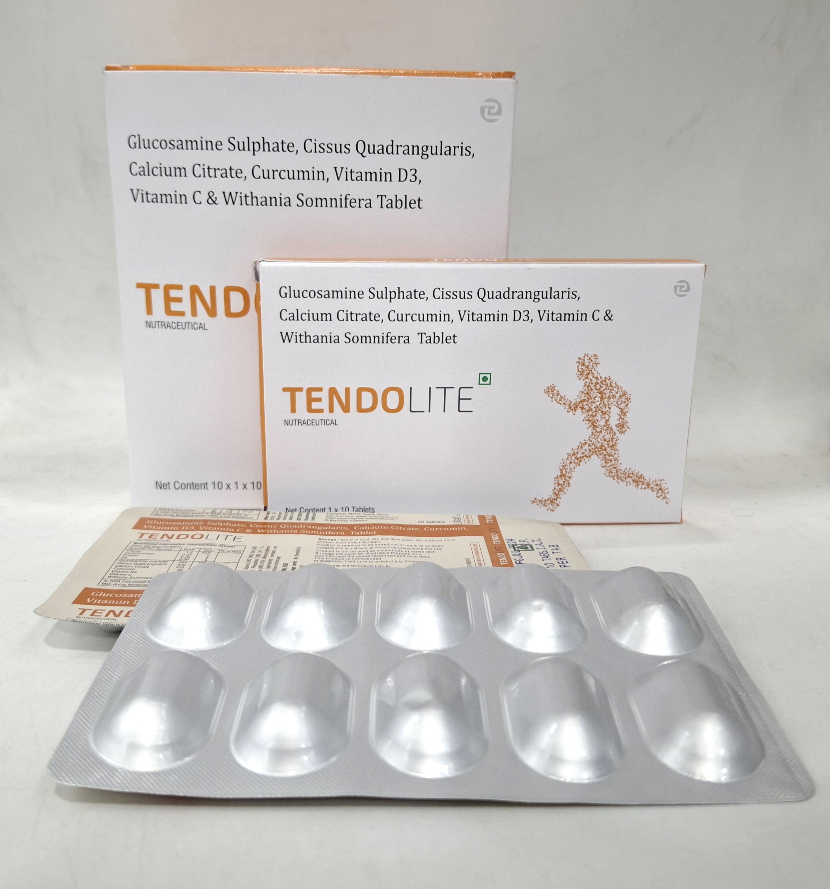 Tendolite Tablets - Ingredients: Glucosamine Sulphate 500mg + Cissus Quadrangularis 500mg + Calcium Citrate 200mg + Curcumin 50mg + Vitamin D3 400iu + Vitamin C 35mg + Withania Somnifera 90mg