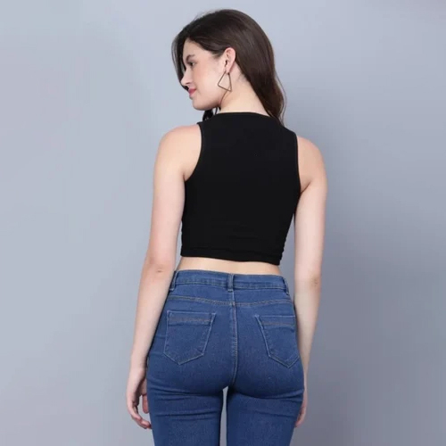Ladies Crop Top - Cotton Blend All Sizes Black Color Lightweight And Breathable Fabric Moisture-wicking With Mesh Panels And Adjustable Waistband