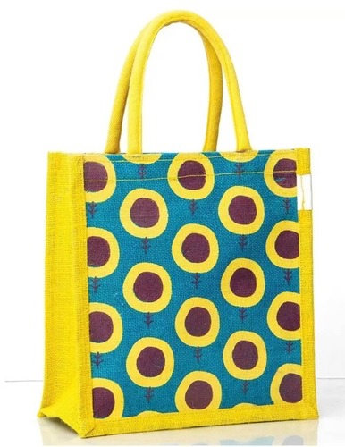 कई रंगों और कई डिज़ाइनों में प्रिंटेड जूट शॉपिंग बैग