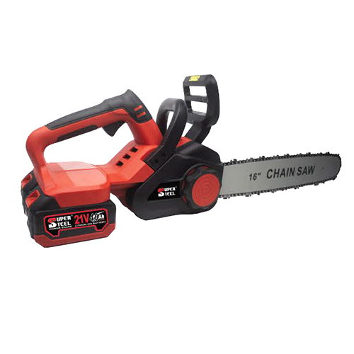 Cordless Chainsaw - ABS & Metal, Industrial Grade , Sleek Red & Black Design for Tough Material Cutting