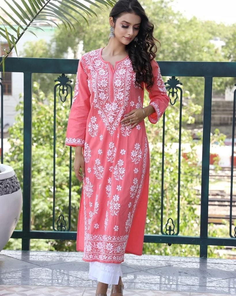 Kurti With Chickankari Plazo - Bust Size: Standard