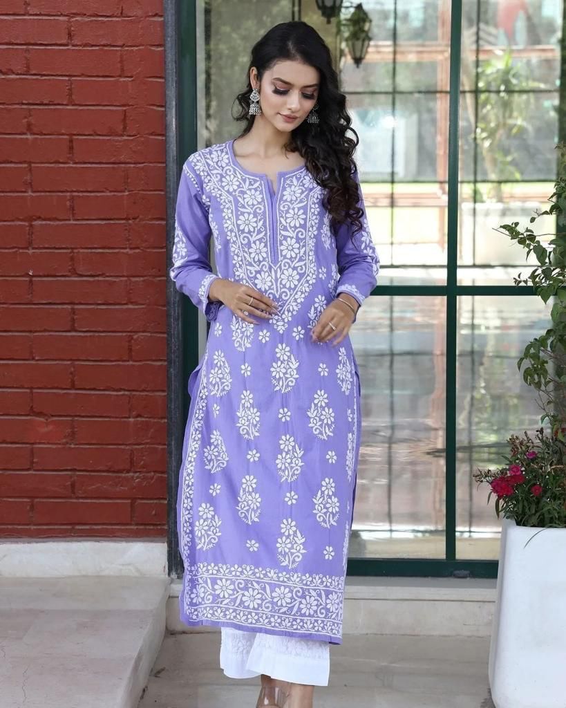 Kurti With Chickankari Plazo - Bust Size: Standard