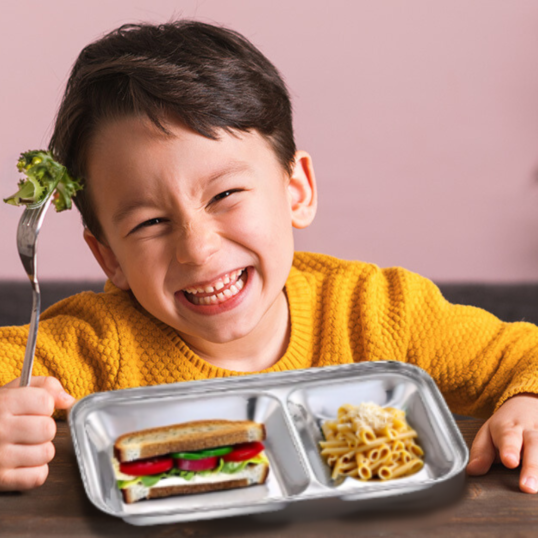 Stainless Steel Divided Plate - 2 Sections, Eco-friendly, Dishwasher Safe, Kids Friendly, Spill Proof, Bpa Free