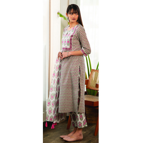Ladies Grey Printed Straight Kurta With Afghani Pant And Printed Dupatta - Color: Different Available