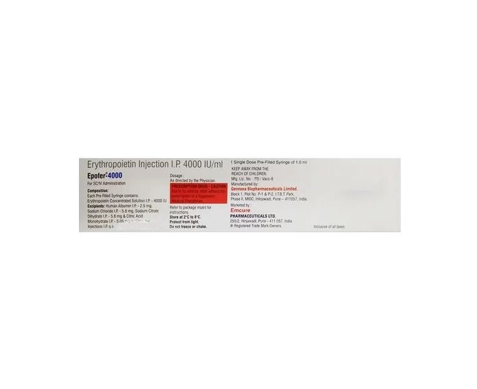 Epofer 4000iu Injection - Recombinant Human Erythropoietin Alfa (4000iu) | Treats Anemia Due To Kidney Disease, Chemotherapy, And Hiv Medications, Requires Refrigeration