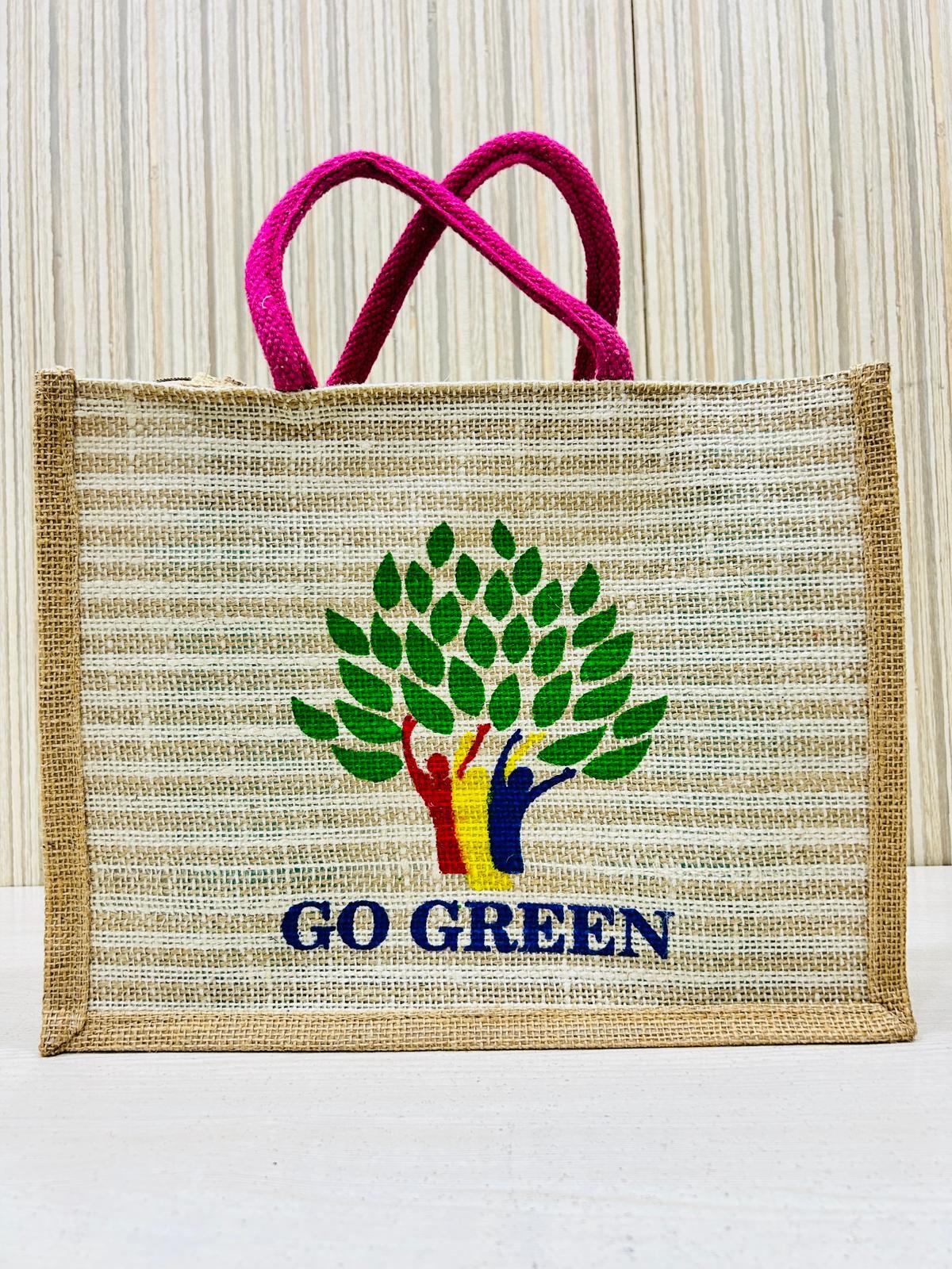 Jute Shopping Bag - Eco-friendly Material, Multi-size Options | Go Green Logo Printed, Durable Cotton Webbing Handles