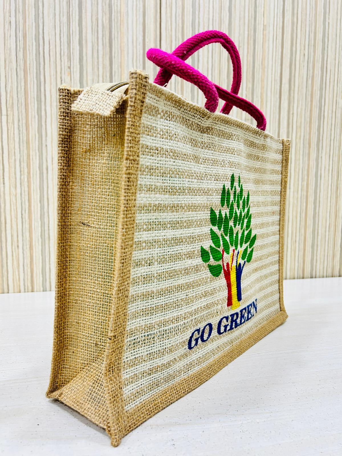 Jute Shopping Bag - Eco-friendly Material, Multi-size Options | Go Green Logo Printed, Durable Cotton Webbing Handles
