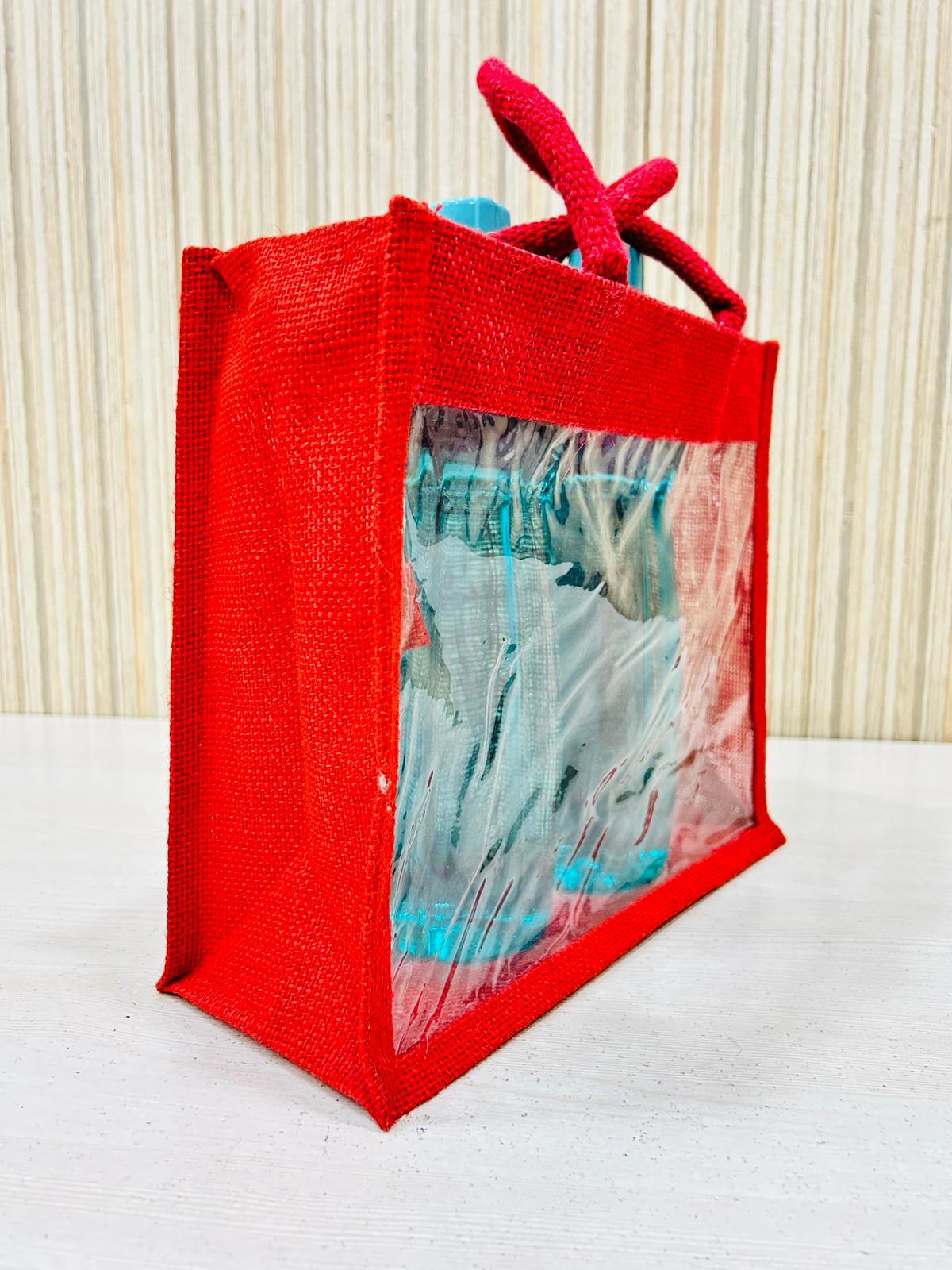 Reusable Transparent Window Jute Shopping Bags For Wedding Gift - Eco-friendly Jute, Small Medium Large Sizes, Multi Color, Soft Red Handle, Patch Handle, Promotional Usage | Perfect For Unique Gift Wrapping And Sustainability