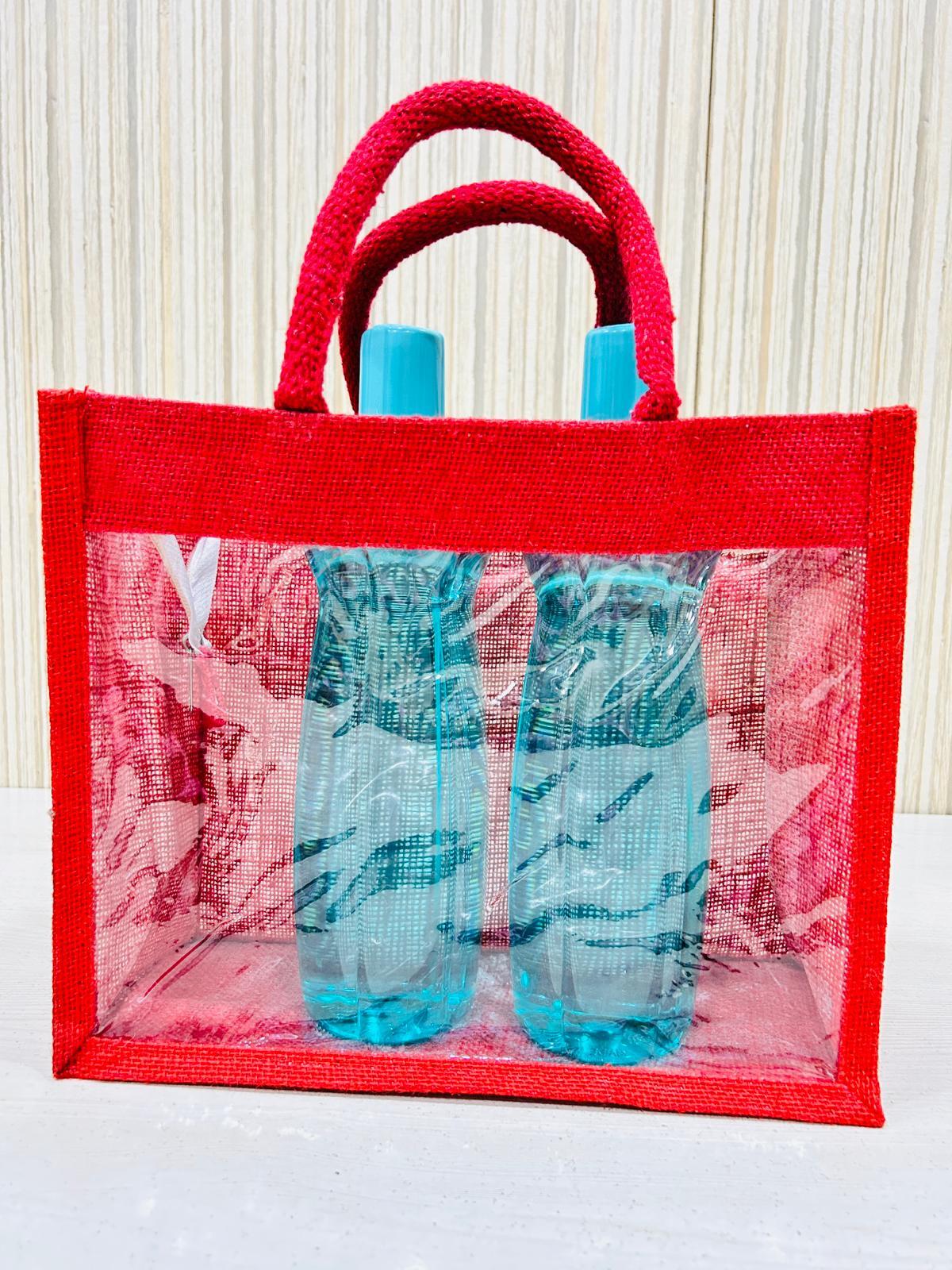 Reusable Transparent Window Jute Shopping Bags For Wedding Gift - Eco-friendly Jute, Small Medium Large Sizes, Multi Color, Soft Red Handle, Patch Handle, Promotional Usage | Perfect For Unique Gift Wrapping And Sustainability
