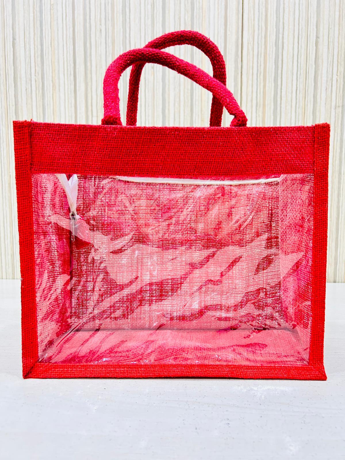 Reusable Transparent Window Jute Shopping Bags For Wedding Gift - Eco-friendly Jute, Small Medium Large Sizes, Multi Color, Soft Red Handle, Patch Handle, Promotional Usage | Perfect For Unique Gift Wrapping And Sustainability