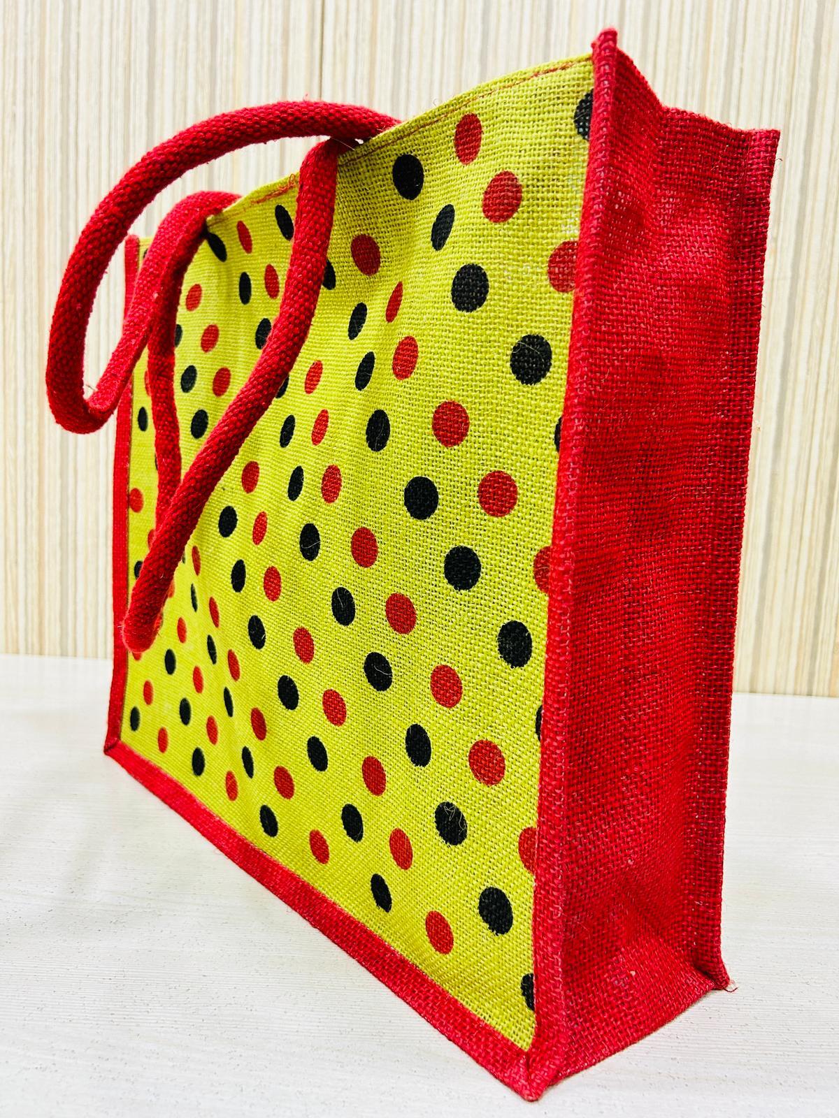 Grocery Jute Bag Dotted Print With Zipper Lock And Cotton Web Handles