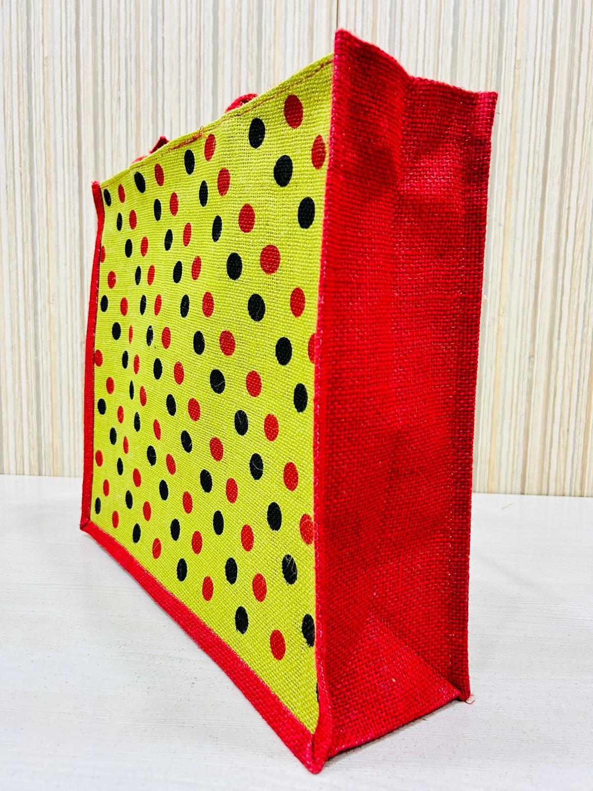 Grocery Jute Bag Dotted Print With Zipper Lock And Cotton Web Handles