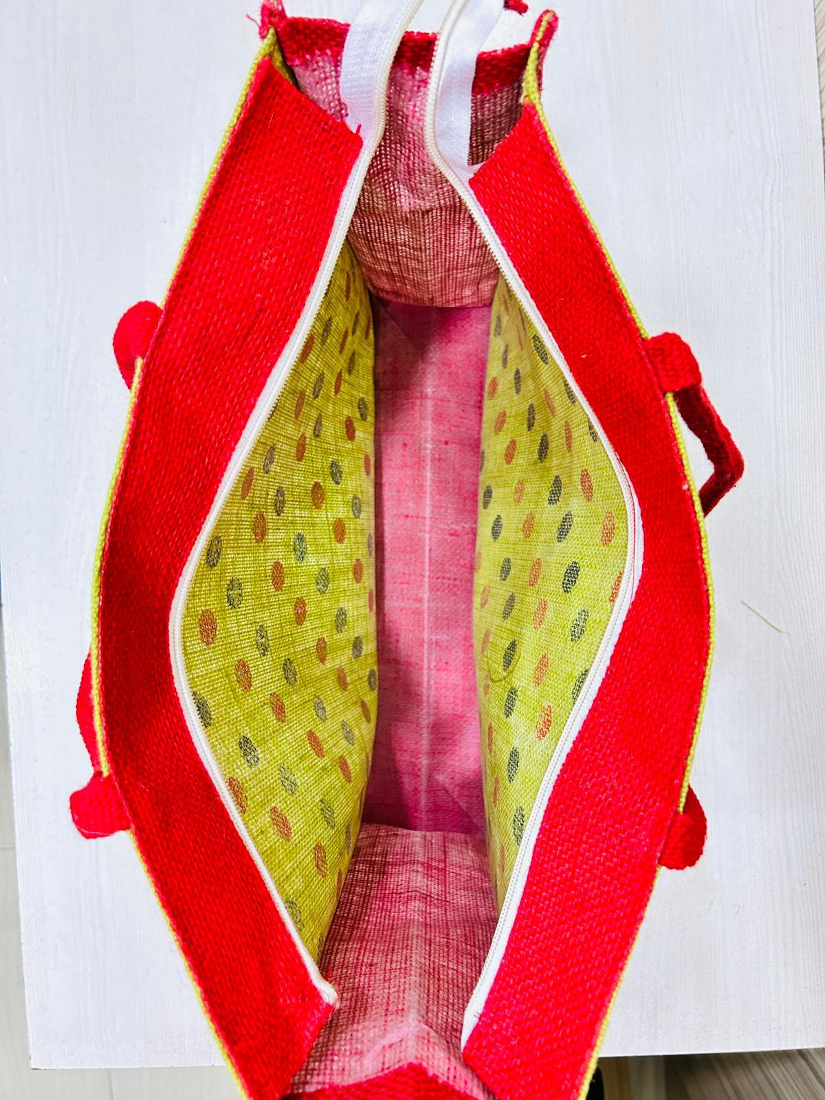 Grocery Jute Bag Dotted Print With Zipper Lock And Cotton Web Handles