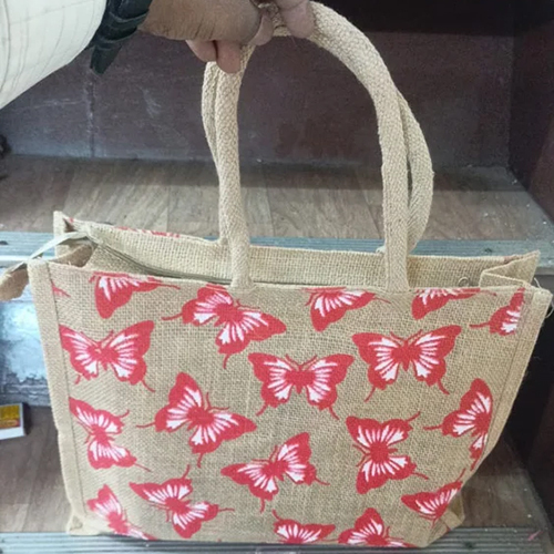 Printed Jute Handbag - High-Quality Jute Material, 16x13x4 Inches, Brown Color with Elegant Printed Pattern | Customizable Size for Shopping & Promotional Use