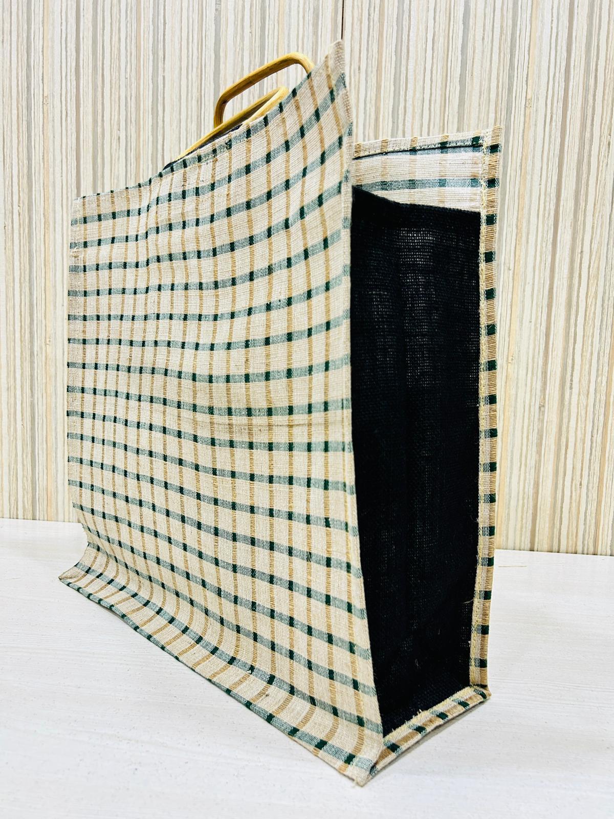Bamboo Handle Jute Shopping Bag 24*22*8 - Jumbo Size, Multi Color, Striped Design With Eco-friendly Material And Comfortable Bamboo Cane Handle
