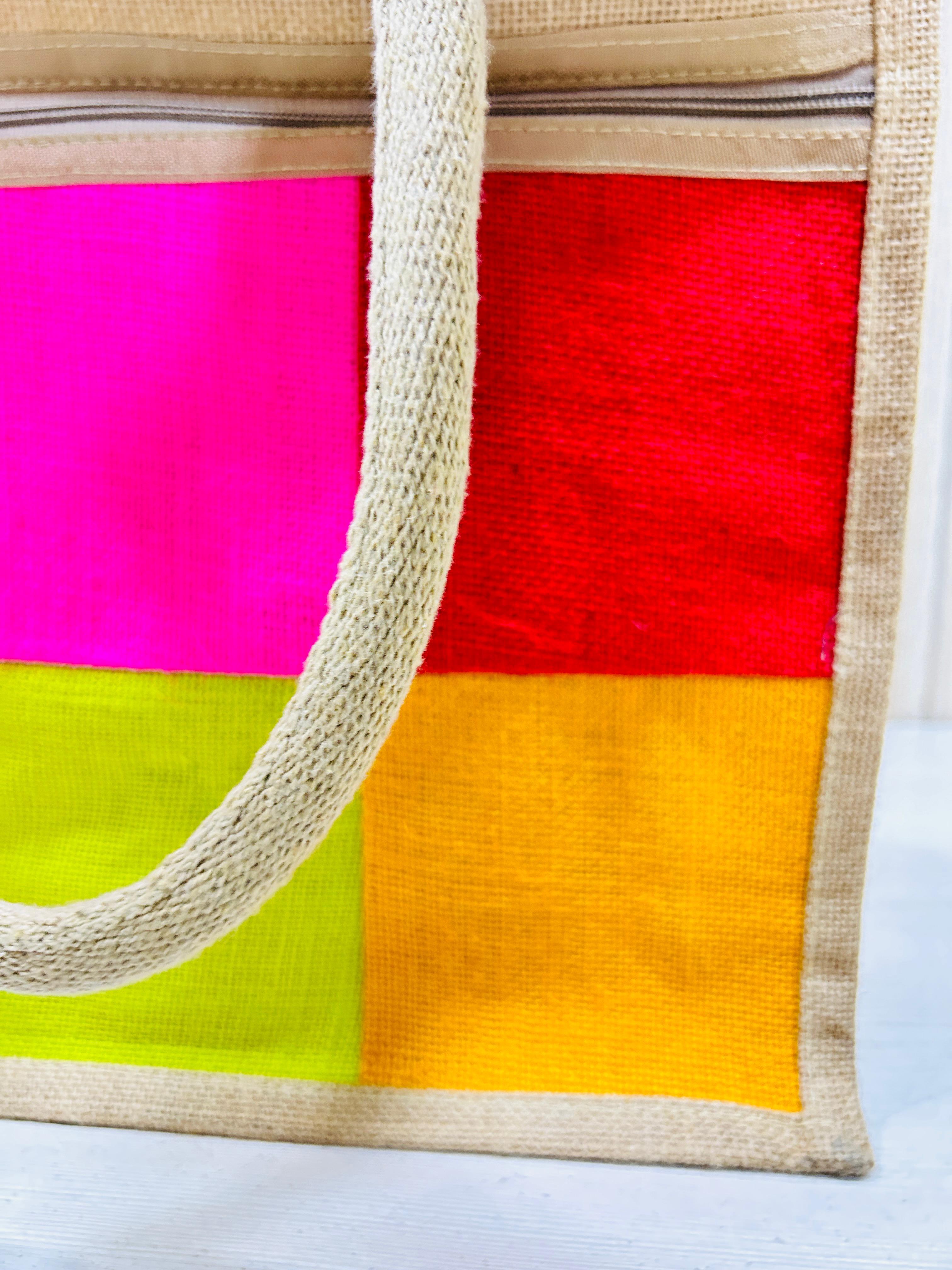 Size 10x12x5 Multi-color Jute Zip Handbag - Eco-friendly Durable Material, Vibrant Stripes Pattern, Customizable Design Options, Flexiloop Handle